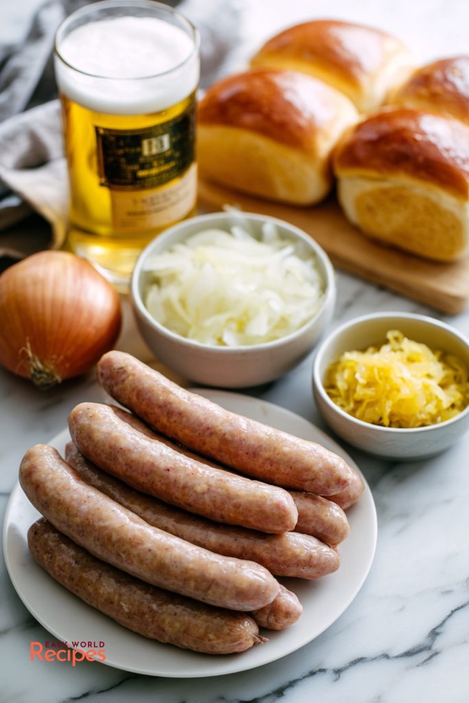 How to cook bratwurst ingredients including fresh brats, lager, onions, butter, rolls, mustard, and sauerkraut.