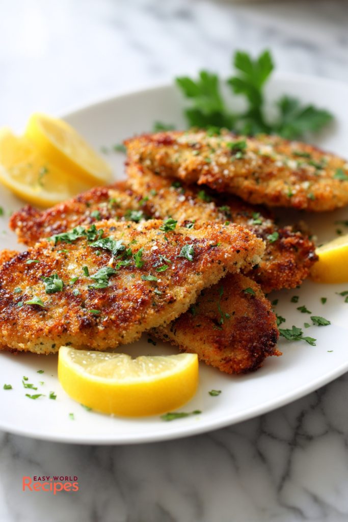 Italian chicken cutlets with crispy golden Parmesan herb crust and lemon wedges.