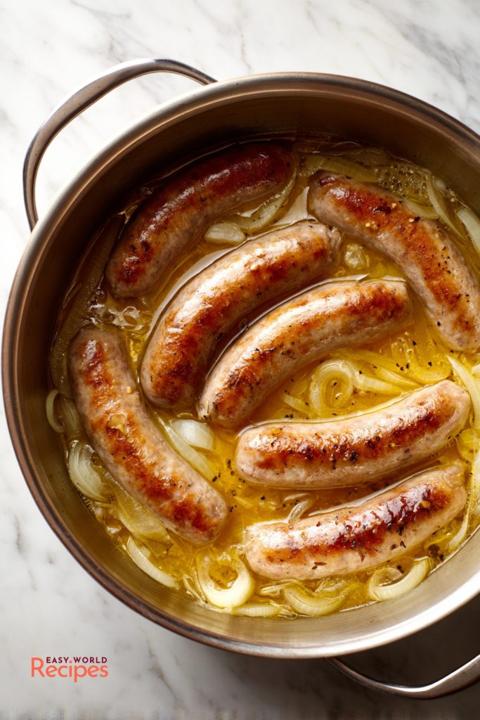 How to cook bratwurst by gently simmering fresh brats with lager, sliced onions, and butter.