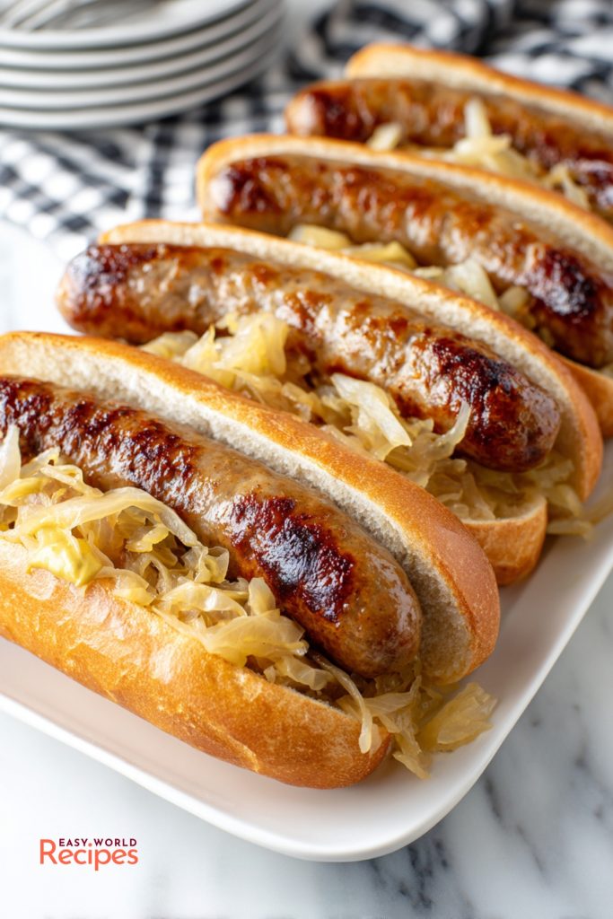How to cook bratwurst served in rolls with beer onions, mustard, and sauerkraut.