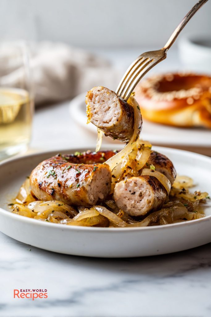 How to cook bratwurst with a fork lifting a juicy piece of browned sausage and beer onions.