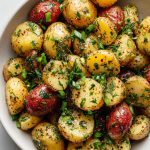 French potato salad showing baby potatoes coated in Dijon vinaigrette with mustard seeds and fresh herbs.