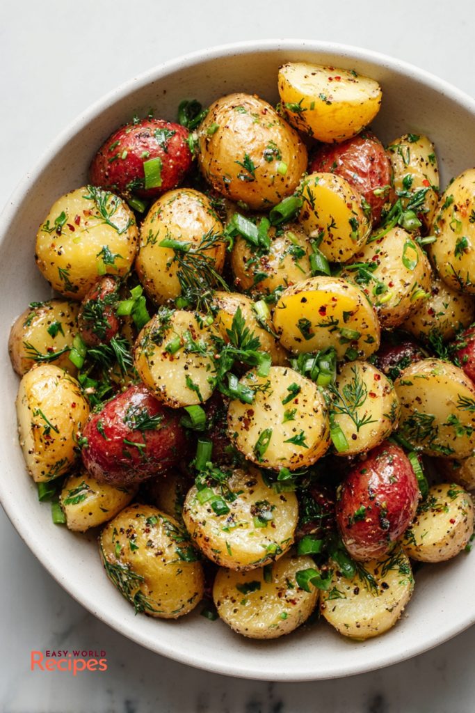French potato salad showing baby potatoes coated in Dijon vinaigrette with mustard seeds and fresh herbs.