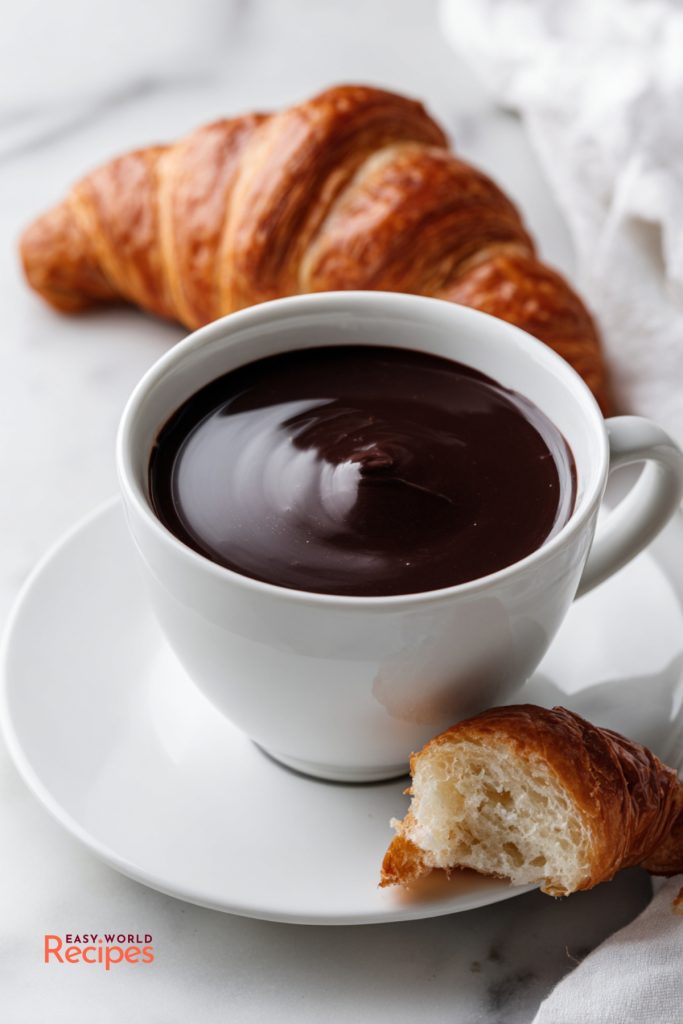 French hot chocolate recipe served in a white cup with a broken golden croissant for dipping.