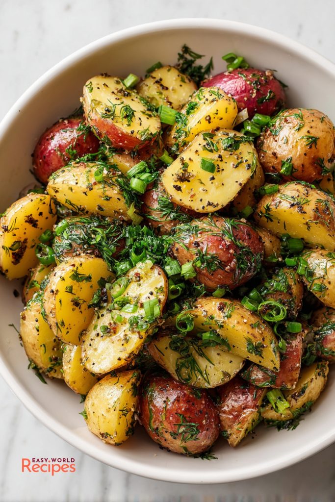 French potato salad with glossy baby potatoes, Dijon vinaigrette, fresh dill, parsley, shallot, and cornichons.