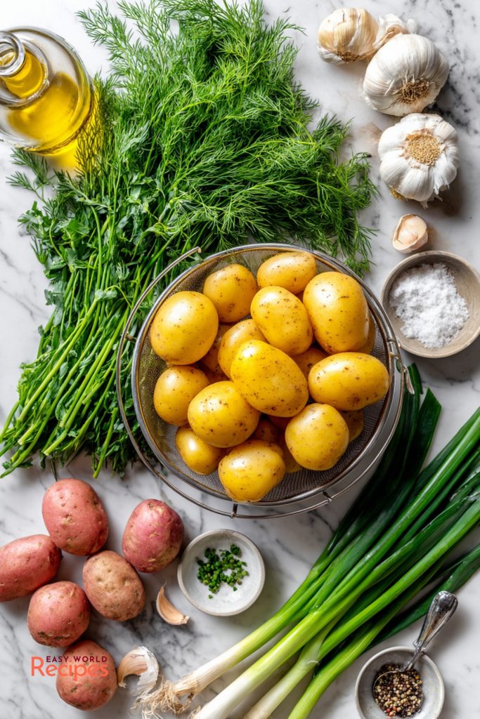 French potato salad ingredients including baby potatoes, Dijon mustard, vinegar, olive oil, shallot, herbs, and cornichons.