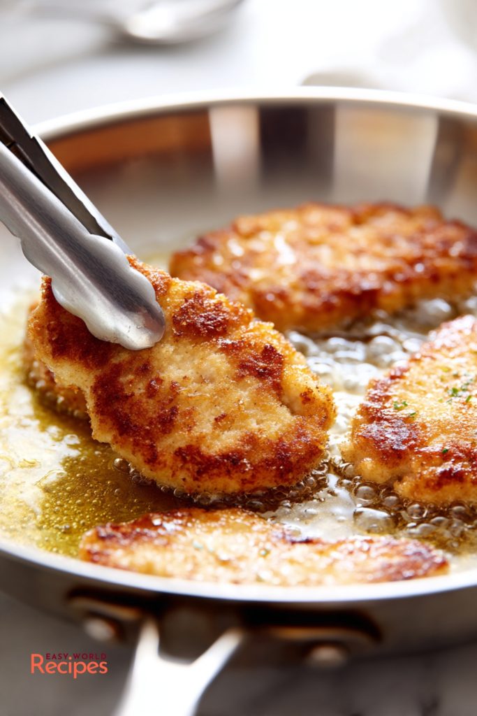 Italian chicken cutlets frying in olive oil in a stainless steel skillet.