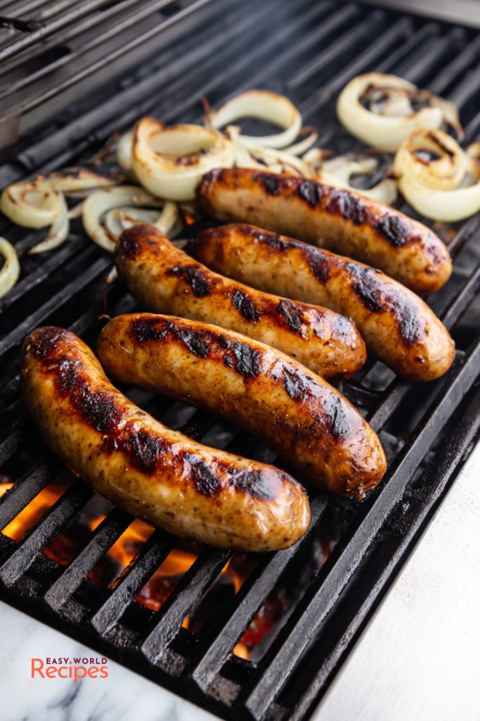 How to cook bratwurst using a two-zone grill for juicy centers and browned casings.