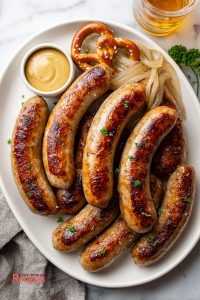 How to cook bratwurst shown as golden grilled brats with beer onions, pretzel, and mustard.