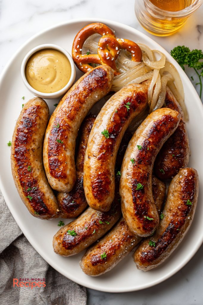 How to cook bratwurst shown as golden grilled brats with beer onions, pretzel, and mustard.