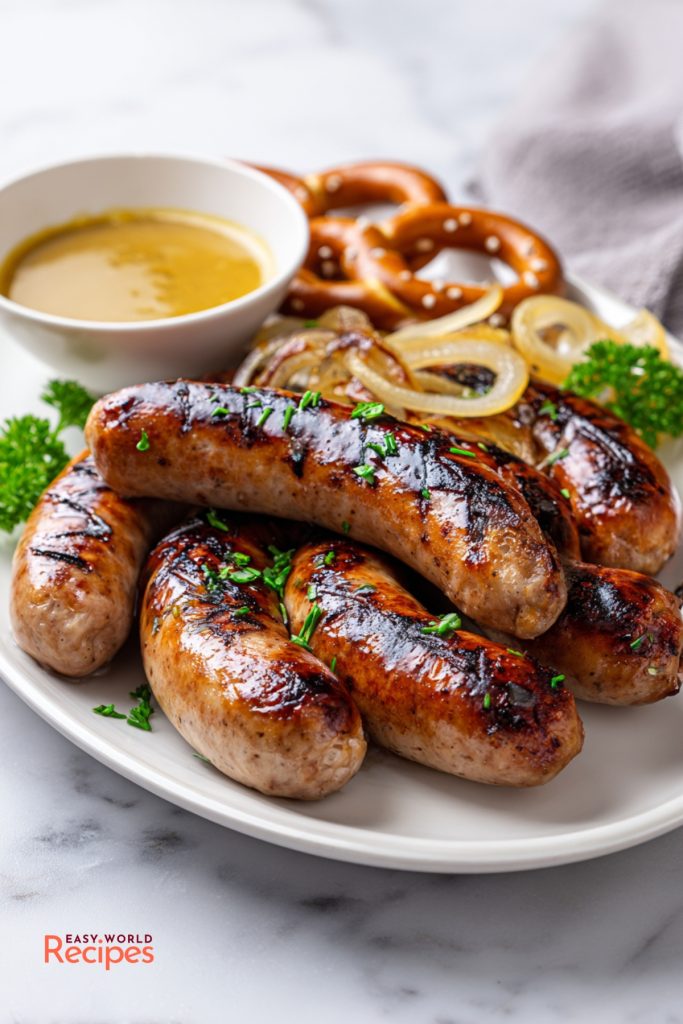 How to cook bratwurst on the grill with browned casings, dark grill marks, beer onions, mustard, and pretzel.