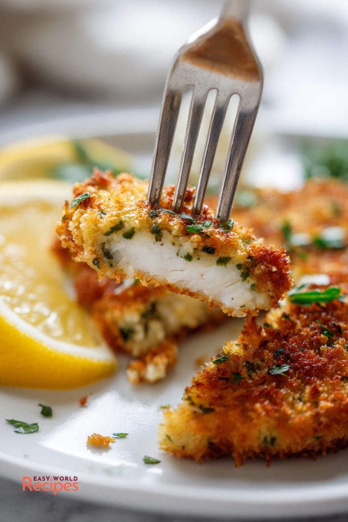 Crispy Italian chicken cutlets served with lemon wedges and fresh parsley.