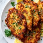 Fork holding a bite of crispy Italian chicken cutlet with Parmesan herb breading.