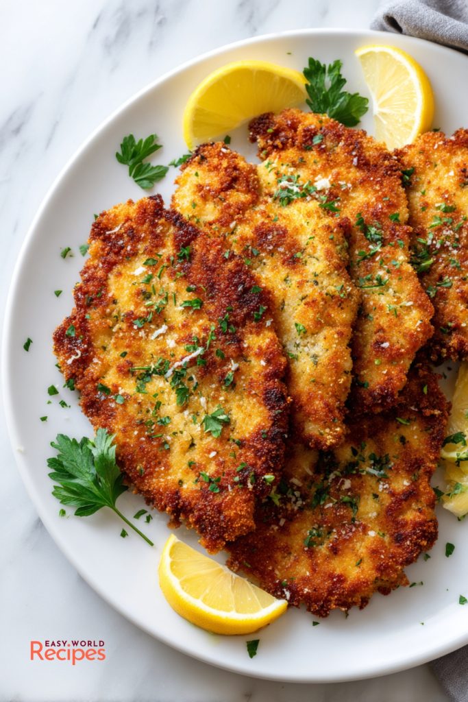 Fork holding a bite of crispy Italian chicken cutlet with Parmesan herb breading.