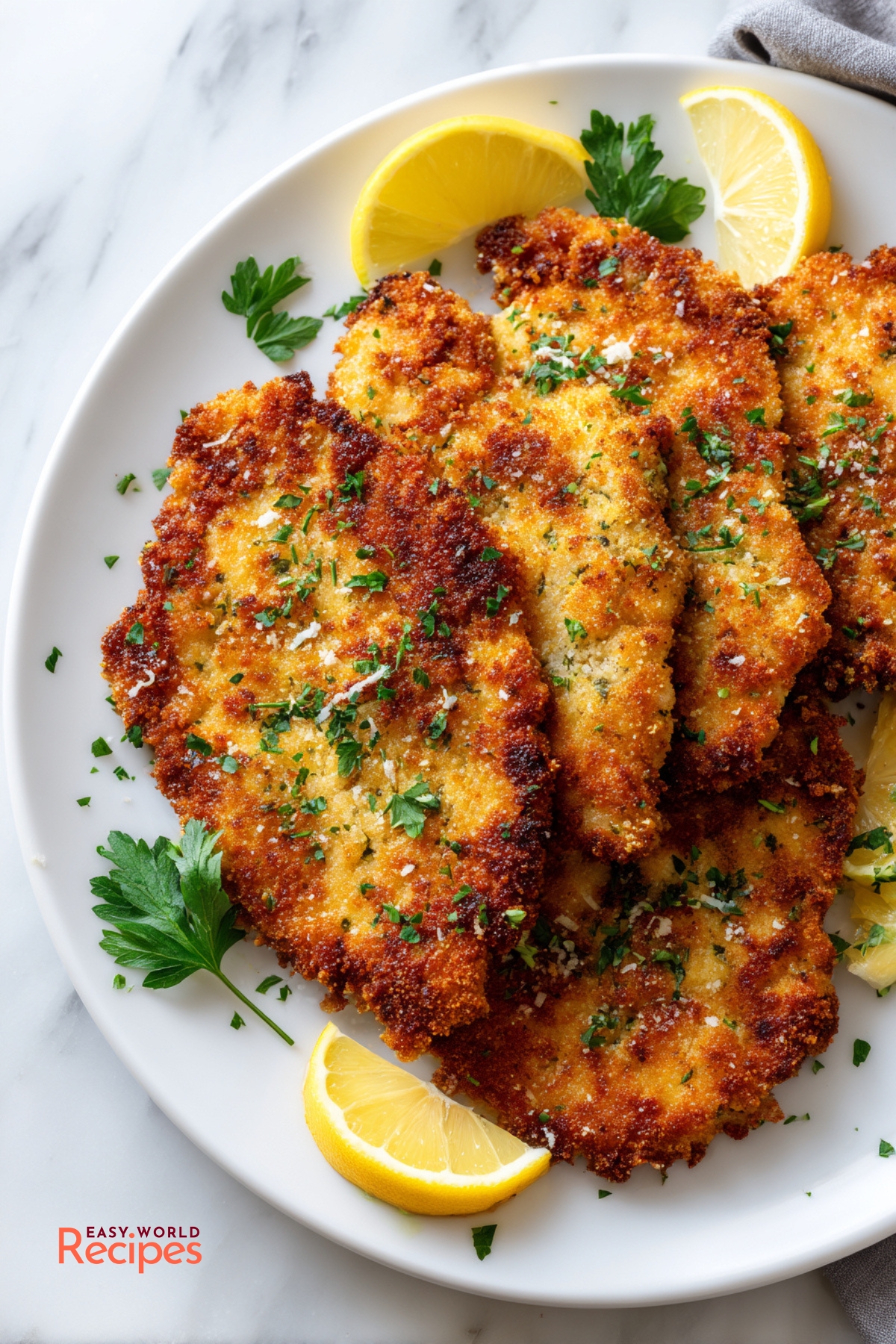 Fork holding a bite of crispy Italian chicken cutlet with Parmesan herb breading.