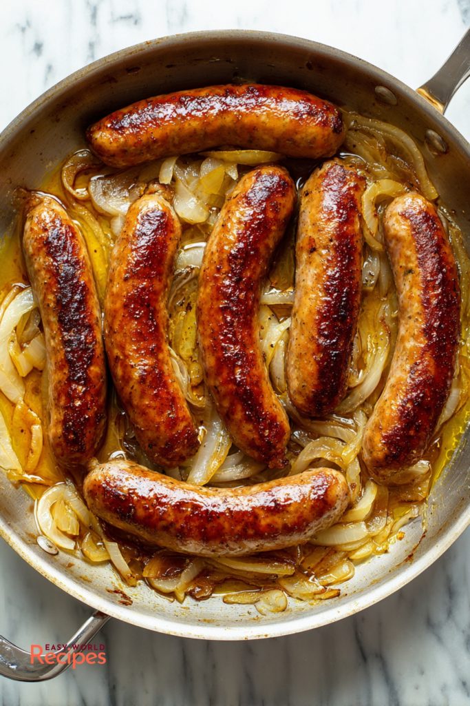How to cook bratwurst on the stove with browned sausages, sliced onions, and beer in a skillet.