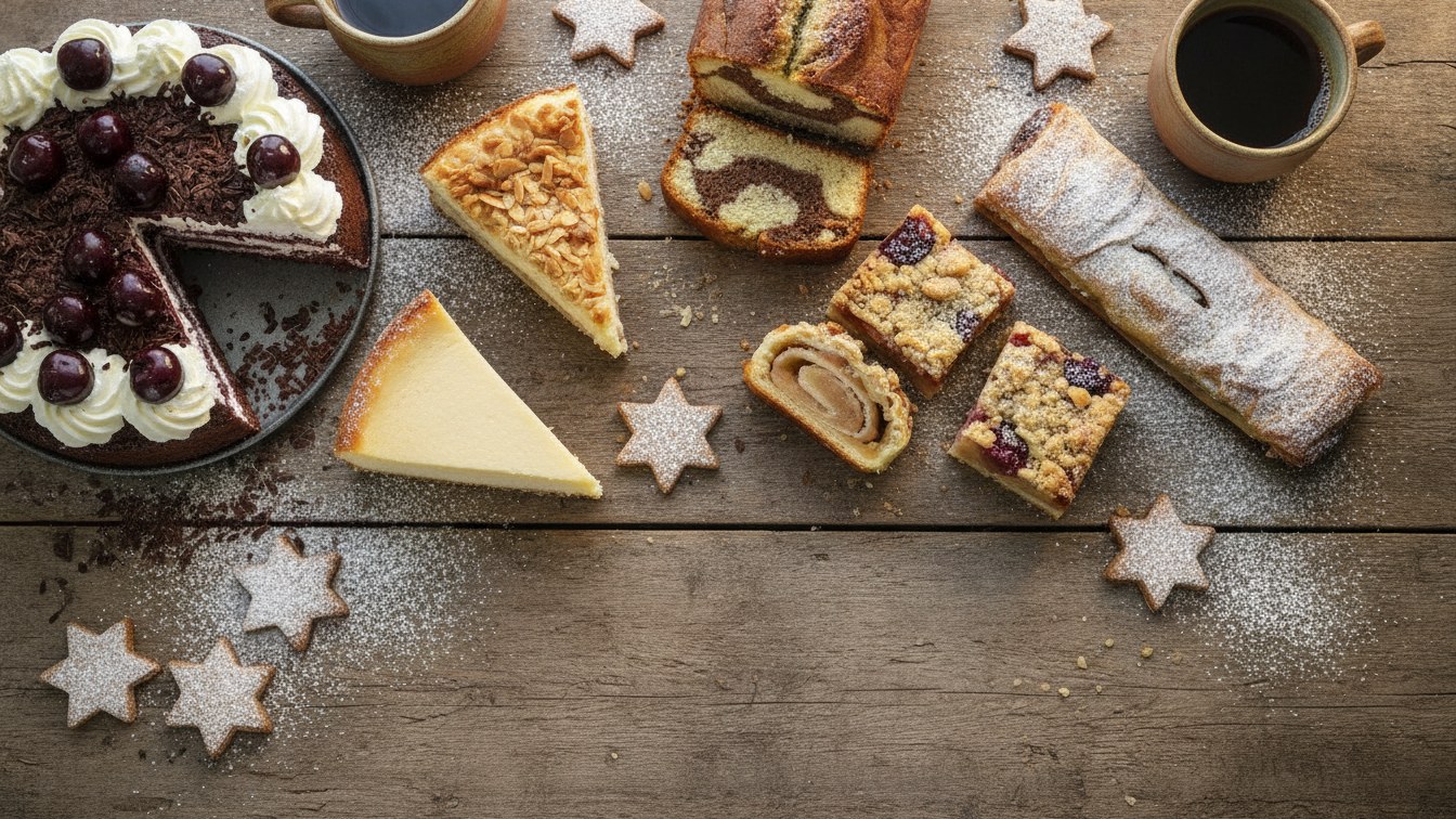 German desserts - black forest cake, bee sting cake, cheesecake, strudel and plum cake