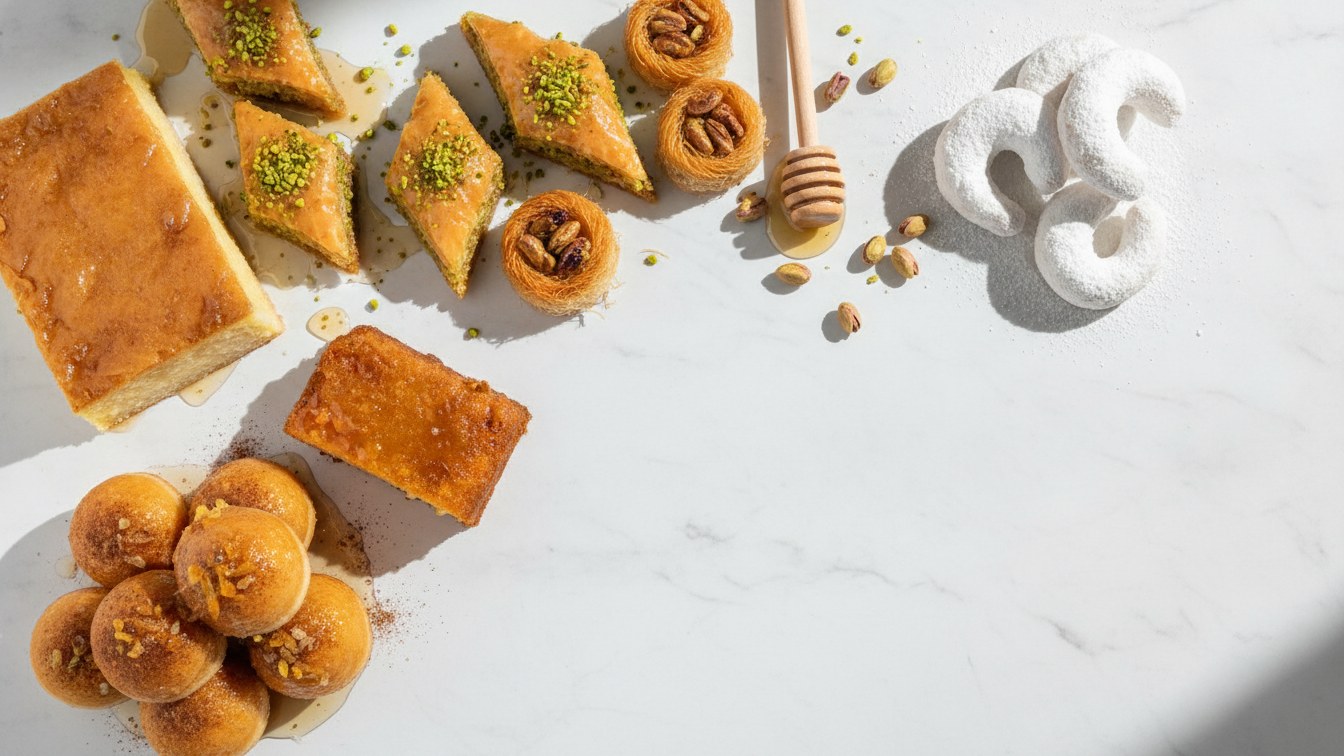 Greek desserts - baklava, kataifi, galaktoboureko, loukoumades and kourabiedes on a marble table