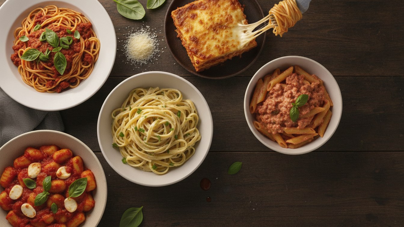 Pasta dinner ideas - spaghetti bolognese, lasagna, alfredo, gnocchi and sausage pasta