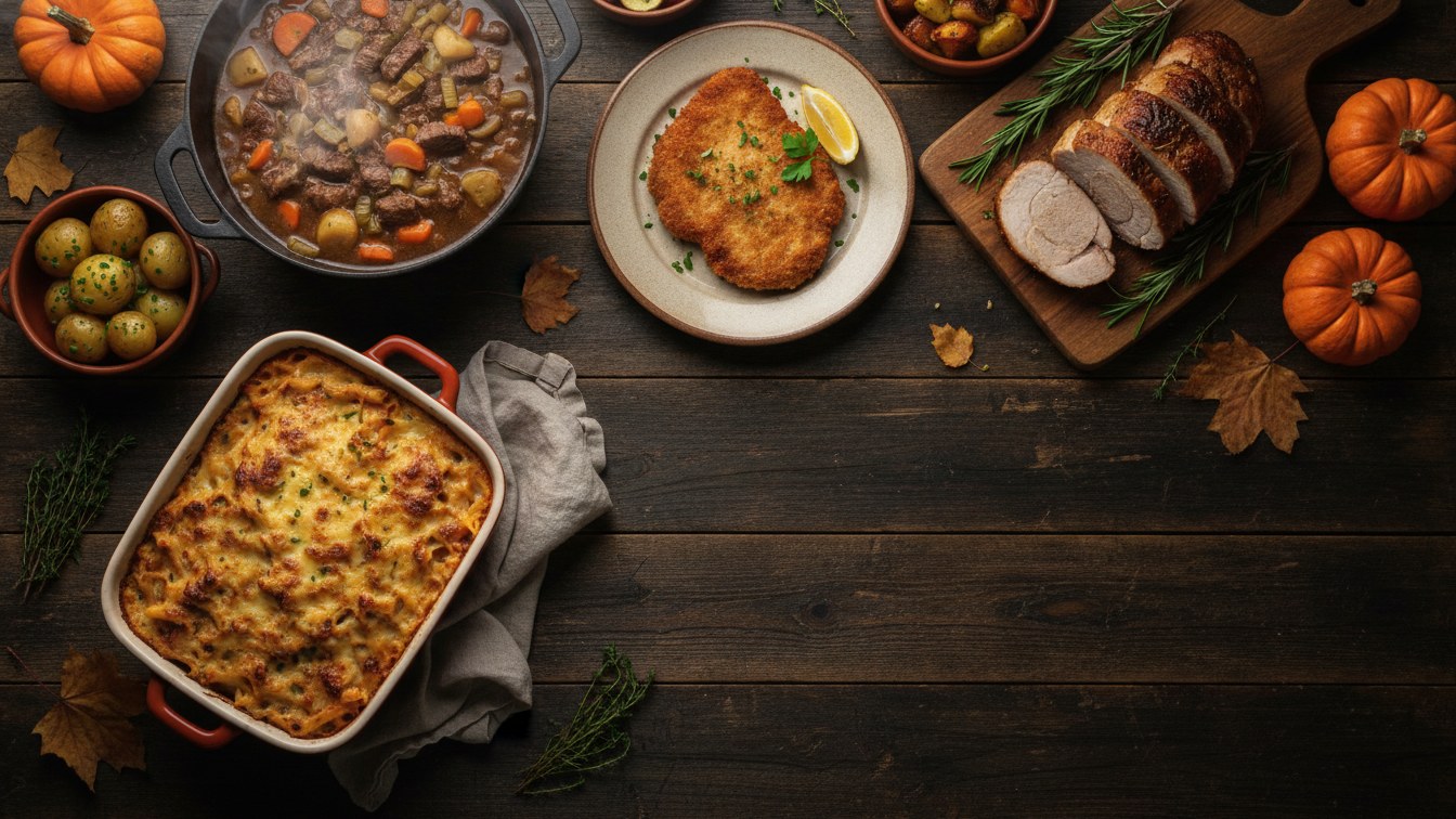 Fall dinner ideas - beef stew in a dutch oven, breaded schnitzel, baked pasta and roast pork