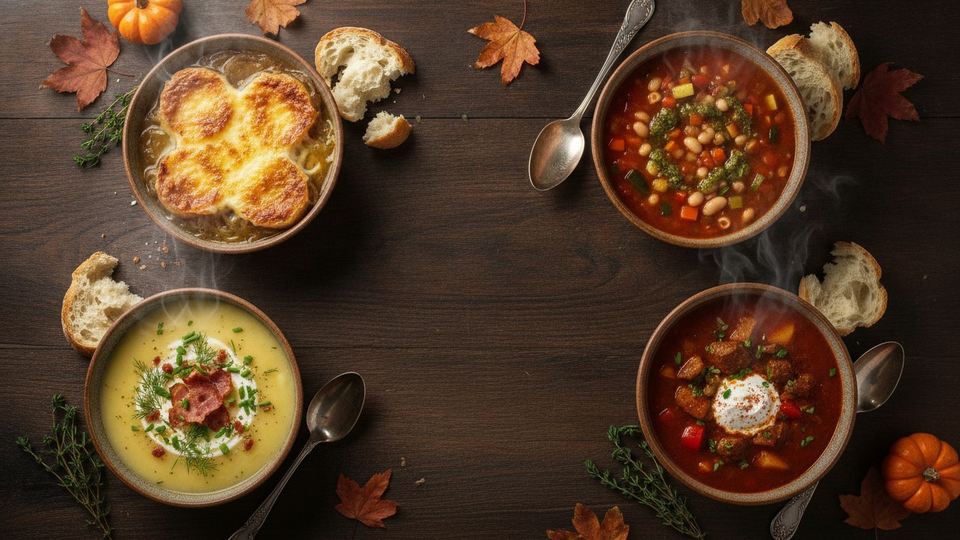Fall soup recipes - French onion soup, minestrone, goulash soup and creamy potato soup in rustic bowls