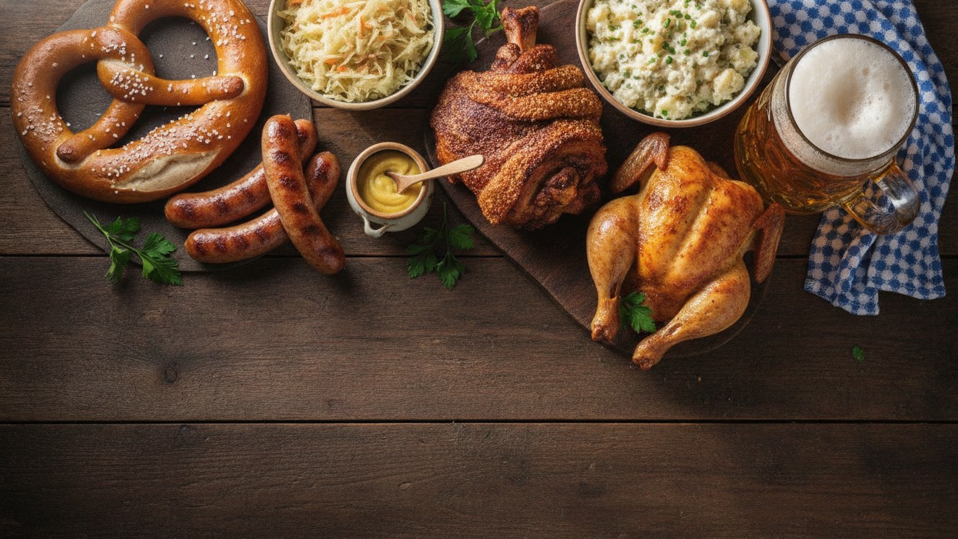 Oktoberfest food - soft pretzel, bratwurst, pork knuckle, roast chicken, sauerkraut and a stein of beer