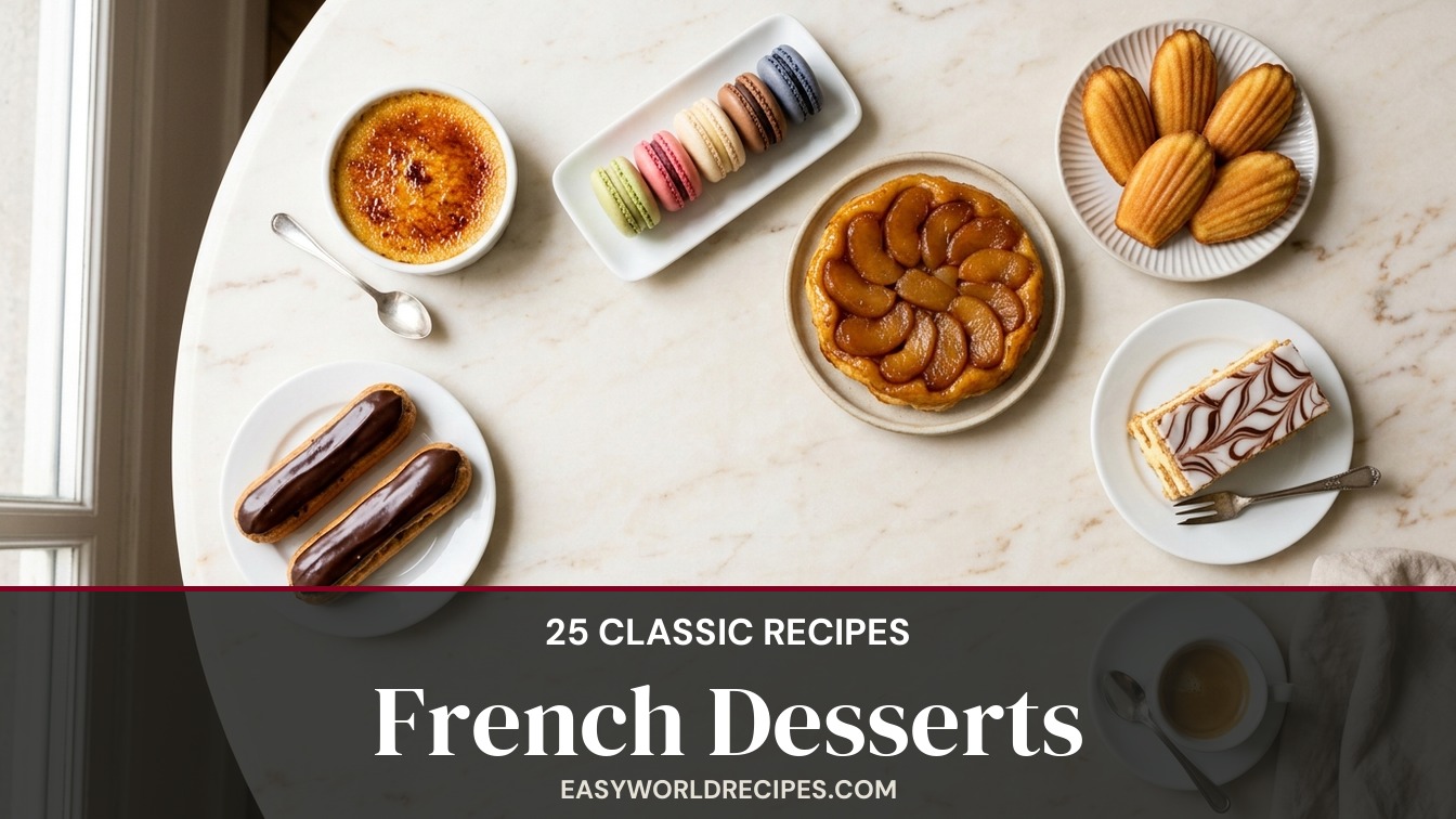 French desserts - creme brulee, macarons, eclairs, tarte tatin and madeleines on a table