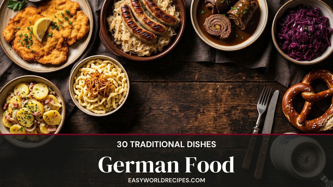 Traditional German food - schnitzel, bratwurst, sauerkraut, spaetzle, pretzels and potato salad