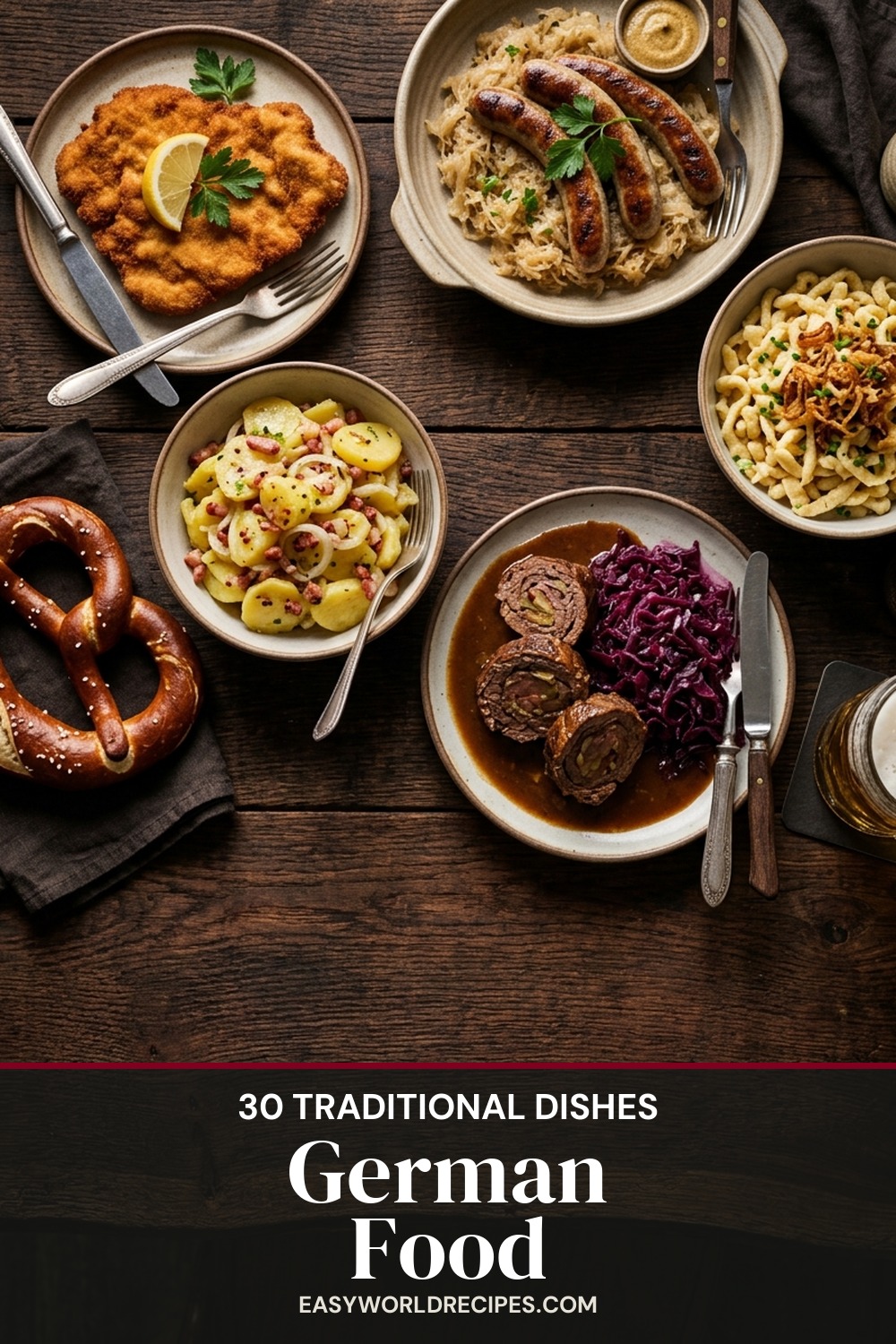 30 traditional German foods - schnitzel, sauerbraten, rouladen, bratwurst, spaetzle, pretzels and more