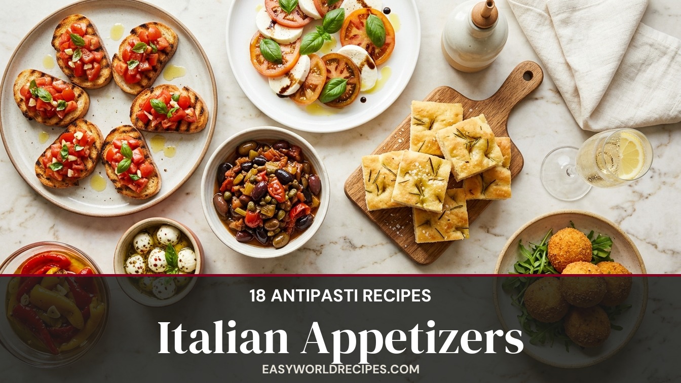 Italian appetizers - bruschetta, caprese, arancini, focaccia and marinated peppers on a board