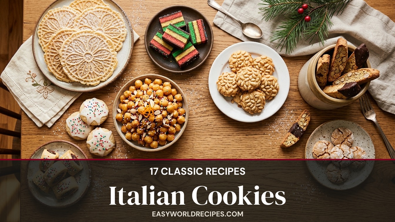 Italian cookies - pizzelle, rainbow cookies, pignoli, amaretti and biscotti on a tray
